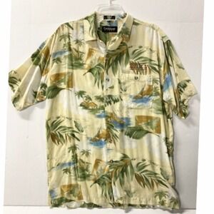 Caribbean Blues Button Down Tropical Island Print‎ Mens XL Yellow